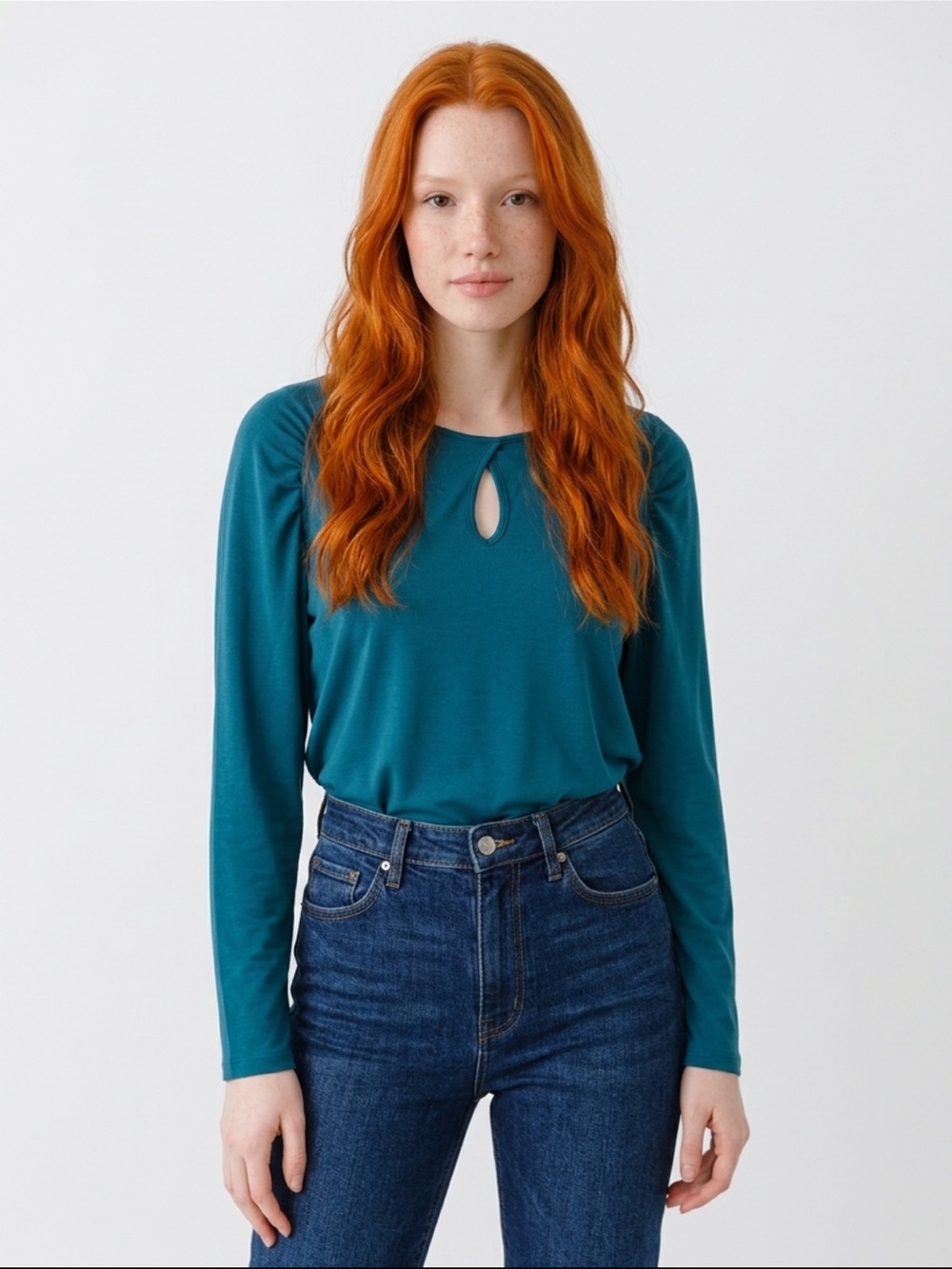 H by Halston Teal Keyhole Ruched Shoulder Long Sleeve Blouse - Size M - Picture 11 of 13